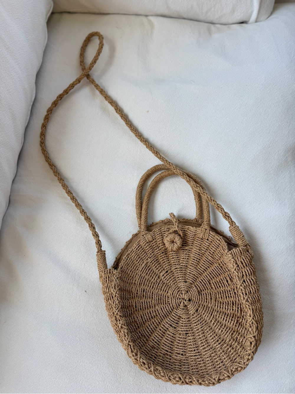 Woven Round Straw Crossbody Bag - Natural Tan